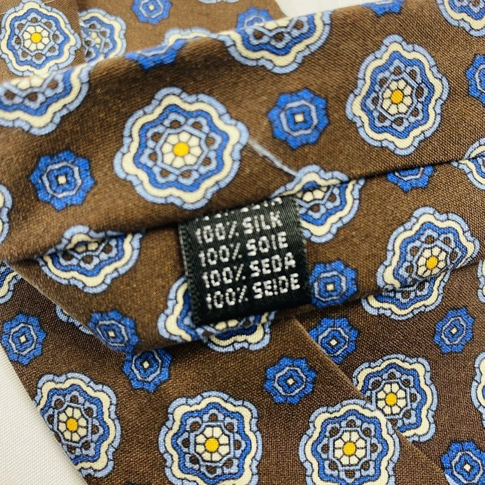 M.Ferretti Brown Blue Patterned Lightweight Pure Silk Tie 3 Inch Width NWT
